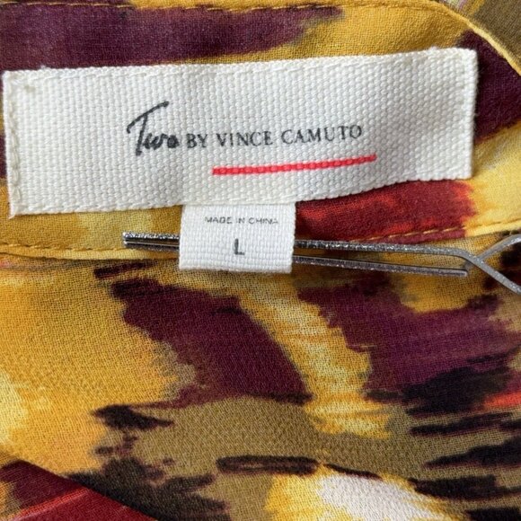 Blouse Top Two by Vince Camuto Brown Amber Burgundy Sheer Button Front LS Sz L - Picture 8 of 10